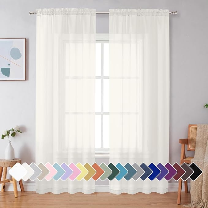 Simplebrand Ivory Sheer Curtains 90 Inches Long, Light Filtering Rod Pocket Solid Color Window Sheer Curtain Panels, Elegant Curtains & Drapes for Living Room, Bedroom 2 Panels (Ivory, 42" W x 90" L)