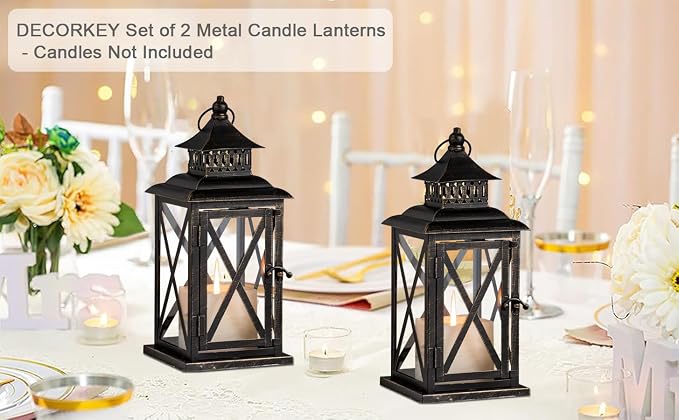 Lantern Decorative Indoor & Outdoor, 2 Pack Large Hanging Candle Lanterns Home Decor, Vintage Metal Candle Holders for Front Porch Patio Wedding Party, Halloween Christmas Decorations (Black)