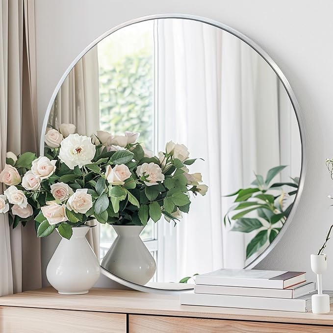 Silver Circle Mirror 22 inch, Round Mirror, Brushed Nickel, Chrome | Metal Frame, Circular Wall Mirrors for Bathroom, Bedroom, Entryway, Living Room, Hallway, Over Sink, Wall Decor,Vanity,Mantel