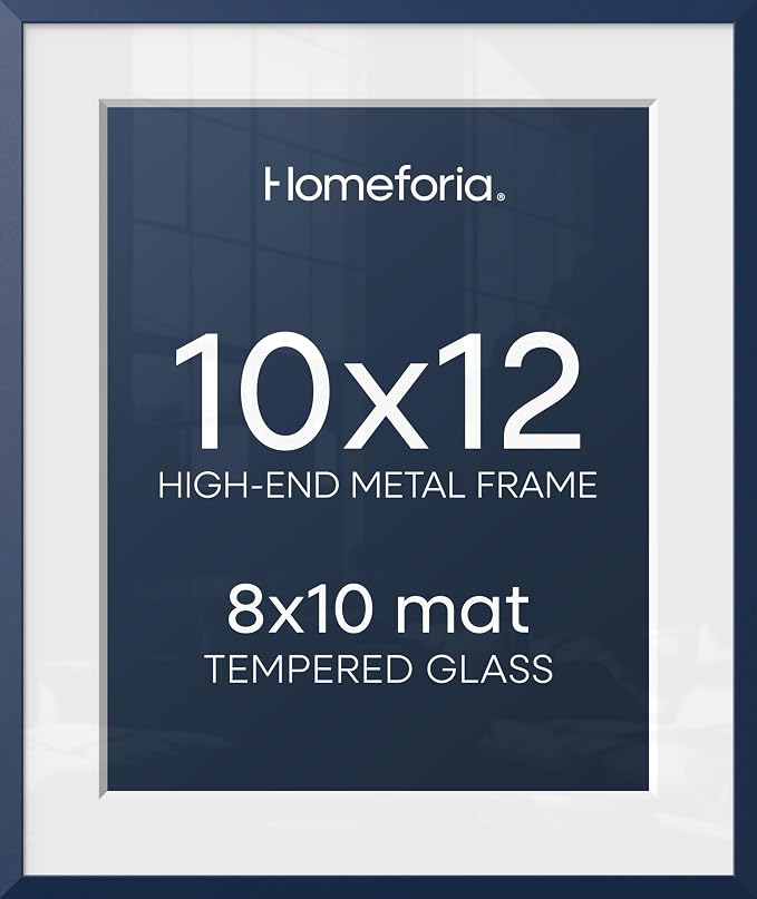 Homeforia 10x12 Blue Picture Frame, High-End Metal, 8x10 Mat, Glass