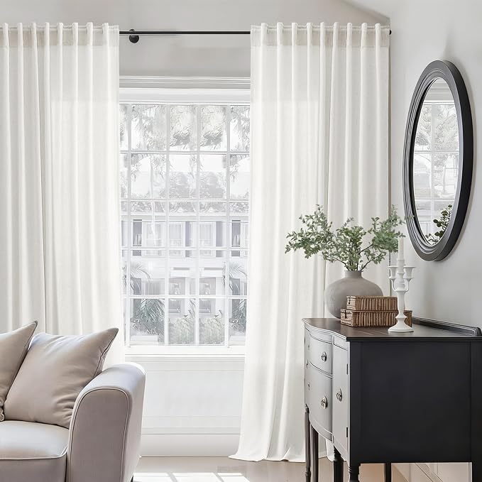 Jowels 70 Inch Extra Wide Natural Linen Curtains 90 Inch Long 1 Panel | Ivory Light Filtering Sheer Curtain,Back Tab Pocket Pleated Look,Modern Farmhouse Textured Privacy Drapes for Living Room