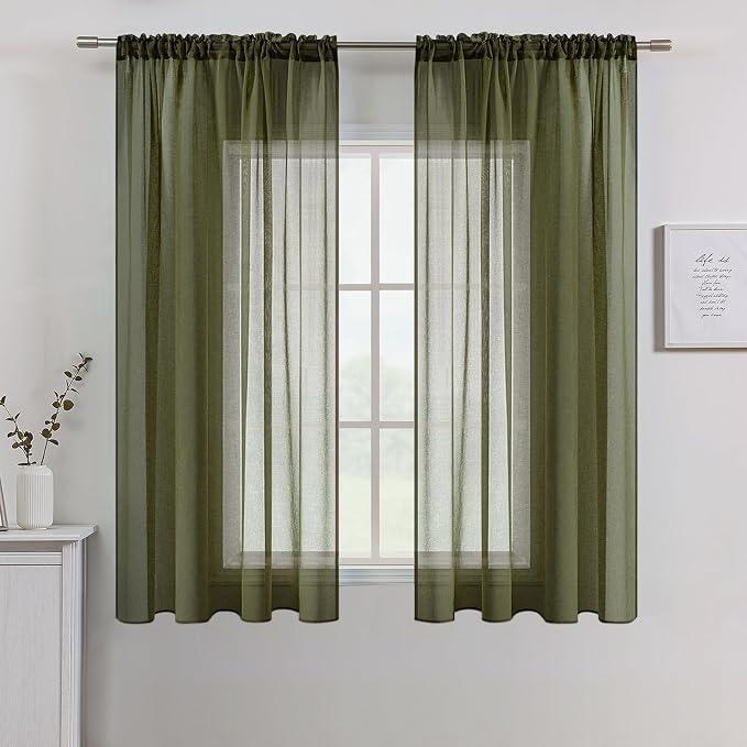 MIULEE Olive Green Linen Textured Semi-Sheer Curtains 42W×45L Kitchen | Semi Transparent, Farmhouse, Window Net Panels with Rod Pocket for Bedroom Living Room