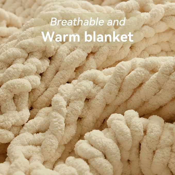 Negwoo Chunky Knit Throw Blanket, Knitted Throw Chenille Yarn, 30"*40" | Soft Thick Cable Knitted Blankets, Handmade Big Thick Blanket, Machine Washable Cute Comfy Blanket for Home Decor, Oatmeal
