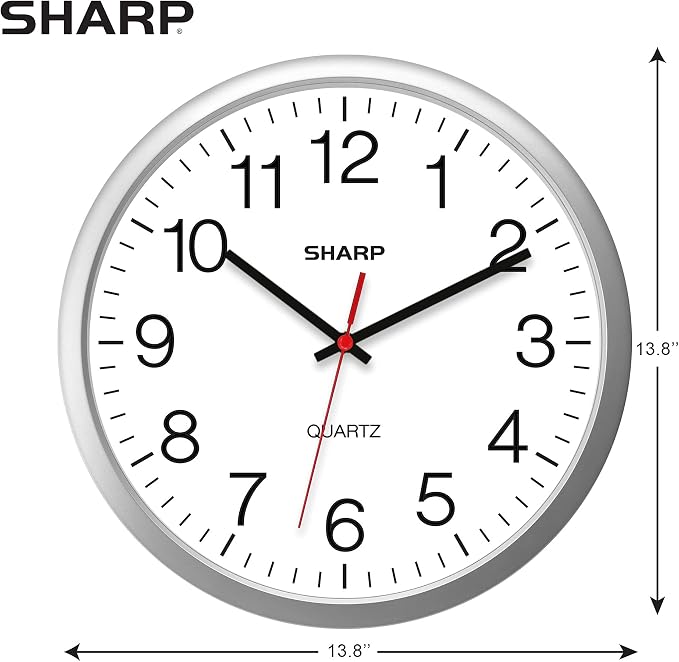 Sharp Wall Clock – Silver, Silent Non Ticking 14 Inch Quality Quartz Battery Operated Round Easy to Read Home/Kitchen/Office/Classroom/School Clocks, Sweep Movement (Pack of 2)