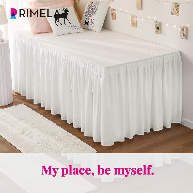 Dorm Bed Skirt Twin XL 36" Drop, College Dorm Essentials, Warm White | Solid ruffled, Wrap-around/elastic, Wrinkle & Fade resistant, with Adhesive Strips, Gift Packed, Machine Wash/Tumble Dry/Iron