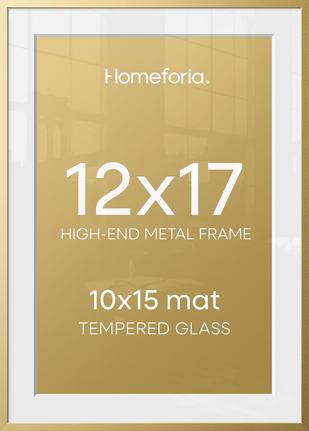 Homeforia 12x17 Gold Picture Frame, High-End Metal, 10x15 Mat, Glass