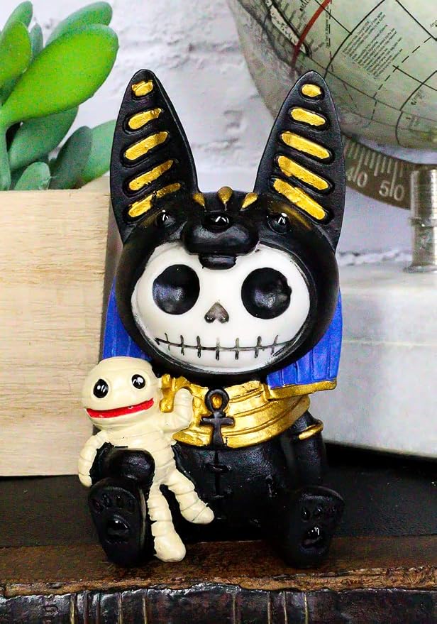 Ebros Furrybones Egyptian God of Afterlife Anubis Figurine Small 3.25" Furry Bones Skeleton Monster Collectible Decor Statue Gothic DOD Anpu Jackal with Mummy Friend Themed Decorative Sculpture