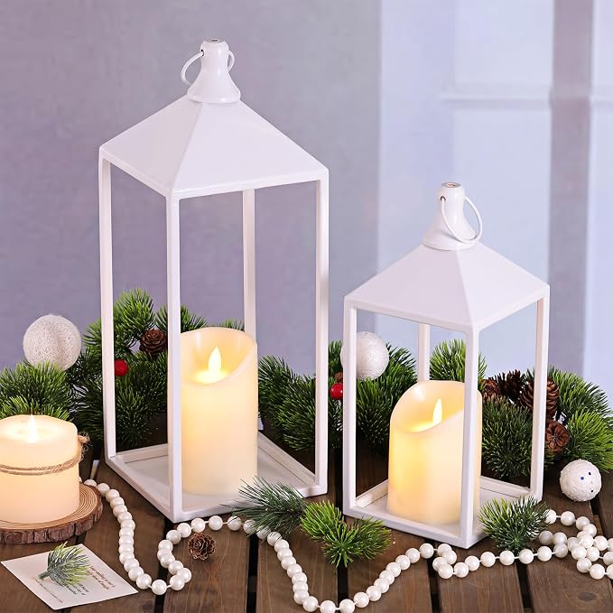 2 Pcs Wedding Lanterns Decorative with Candles White Farmhouse Lanterns | Glass-free Metal Decorative Candle Lanterns for Wedding, Fireplace, Table Centerpiece, Indoor, Room, Valentine Decor