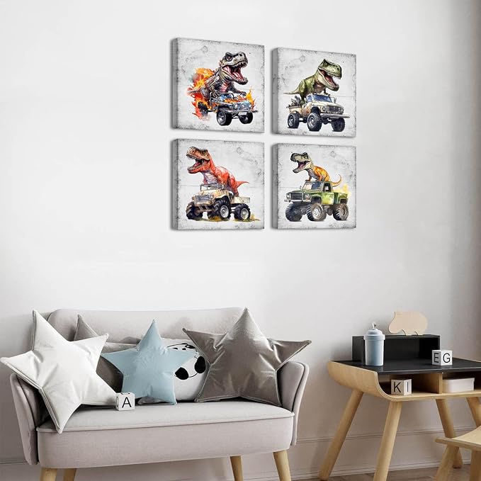 4 Pieces Dinosaur Wall Art Kids Boys Bedroom Wall Decor Dino Monster Truck Pictures for Playroom Colorful Dinosaur Paintings Cute Animals Posters Artwork Bathroom Home Decorations Toddler Gifts 16x16”