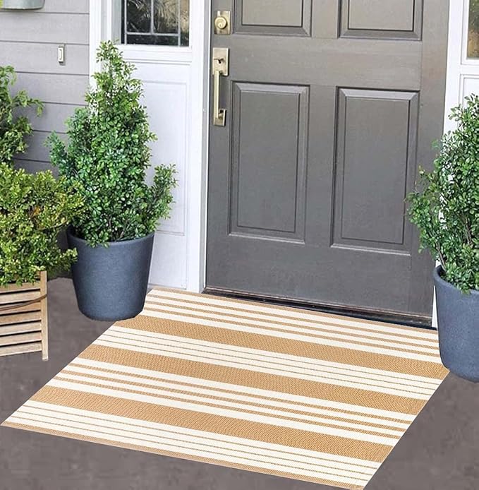 Khaki and White Striped Outdoor Rug 24'' x 35'' Door Mat Outdoor Machine Washable Welcome Mats Cotton Hand-Woven Entryway Rug for Front Porch/Entryway/Laundry/Bathroom/Bedroom