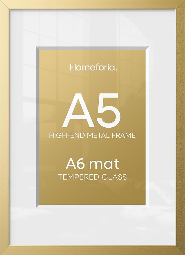Homeforia A5 Gold Picture Frame, High-End Metal, A6 Mat, Glass