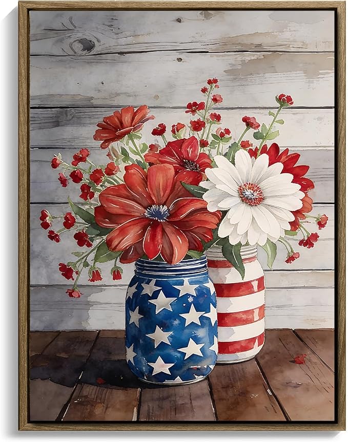 American Flag Framed Canvas Wall Art, 4th of July Patriotic Canvas Prints | Flowers and Stripes Poster Print, Independence Day Wall Decor for Bedroom Living Room Dining Room Office 6×8in