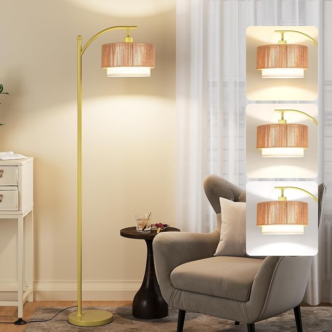 SUNMORY Arc Floor Lamps for Living Room, Rattan Standing lamp with 12W Bulb