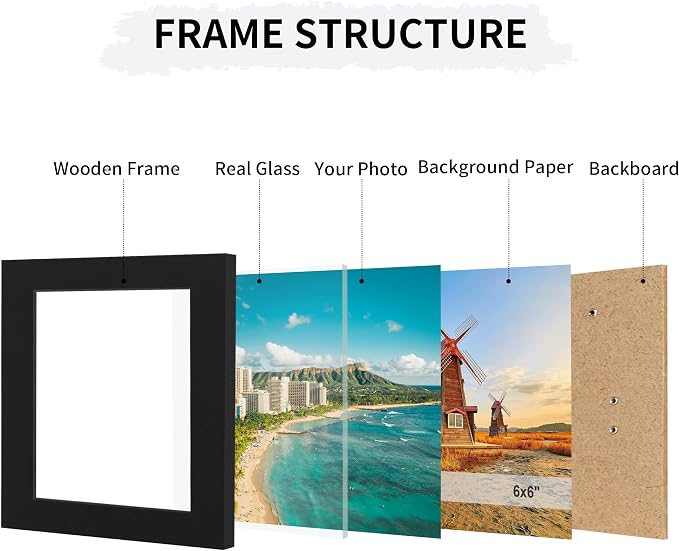 6x6 Collage Picture Frames Set of 2, Rustic Wooden Real Glass Vertical Hanging 3 Opening 6 by 6 Photo Frame, Black