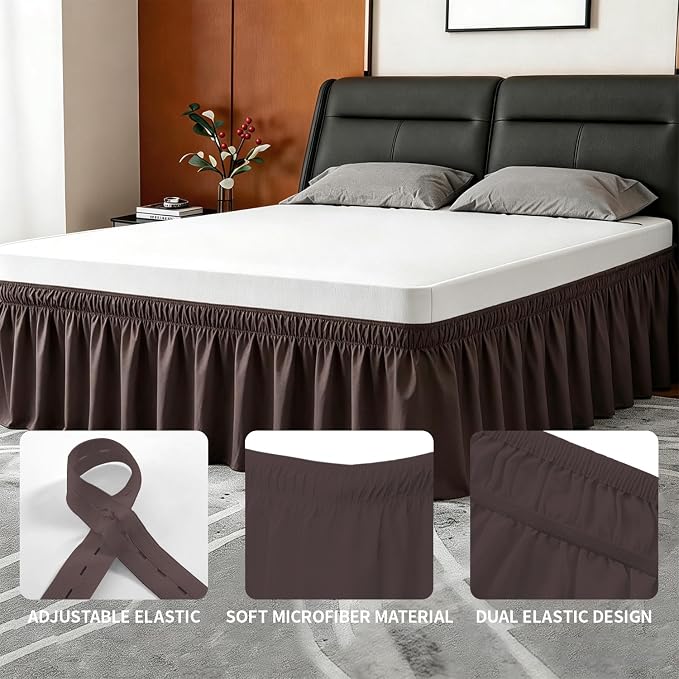 ANARACHON Twin Bed Skirt, Elastic Wrap Around Bed Skirt Twin Size, Bed Skirts for Adjustable Bed, Easy Fit with 14" Drop Length Tailored Drop Dust Ruffle (Brwon)