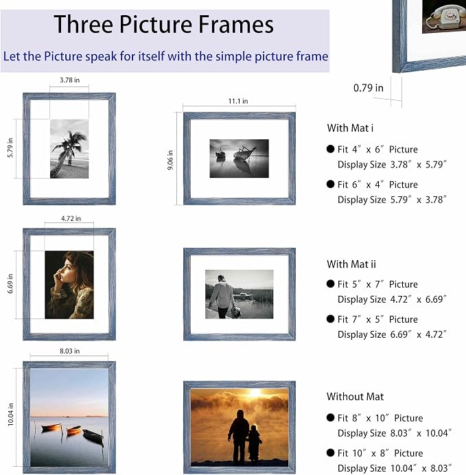 8x10 Picture Frame,Solid Wood,Display Pictures 4x6,5x7 with Mat or 8x10 Without Mat,Photo Frame for Wall Mounting or Tabletop (Blue,Set of 4)