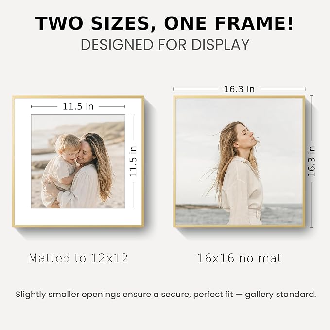 16x16 Square Picture Frame Gold, Aluminum Metal 16 x 16 Square Frame with White Mat, 16 by 16 Gold Poster Frame Matted to 12x12 Photo, Real Tempered Glass for Gallery Wall Decor, 1 Pack