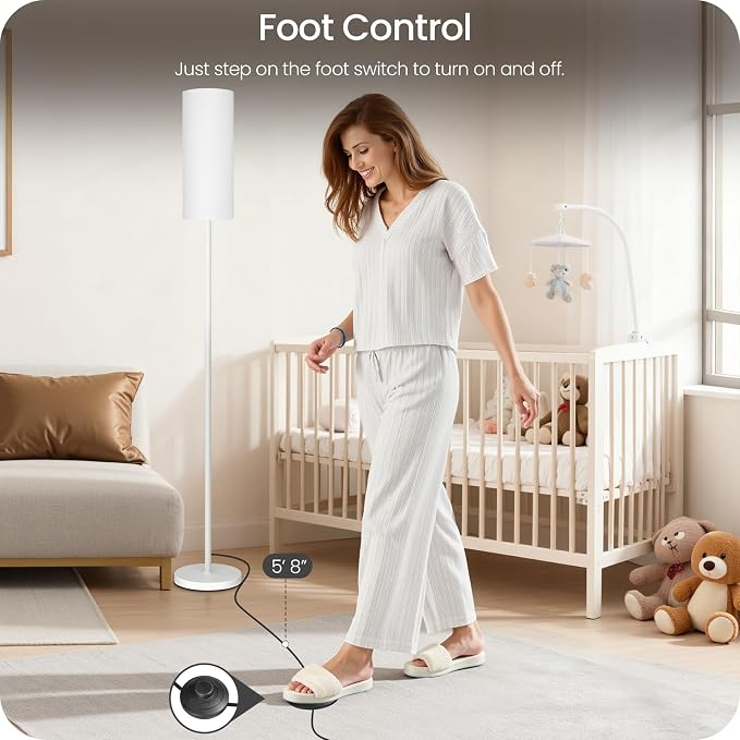 White Dimmable Floor Lamps for Living Room with Remote and Foot Switch, 64.4” Modern Standing Tall Lamp, Corner Lamp for Bedroom, Office, Bulb Included, 3000K-6500K, FCC Listed WCW06LD05W1