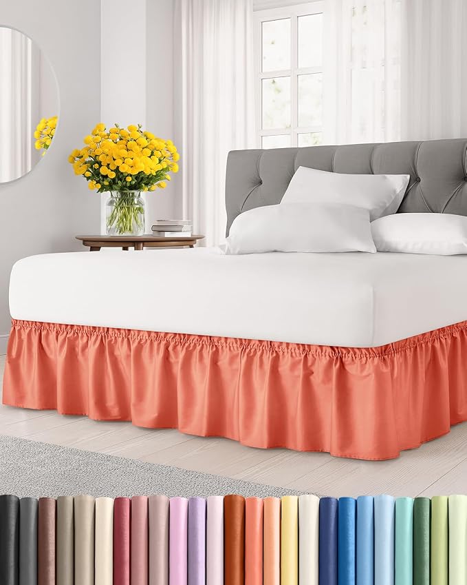 Wrap Around Dust Ruffle Bed Skirt, Full Size Beds - 18 Inch Drop, Coral | Easy Fit Elastic Strap, Adjustable Pleated Bedskirt w/Brushed Fabric, Wrinkle & Fade Free, for Women, Men, Kids & Teens