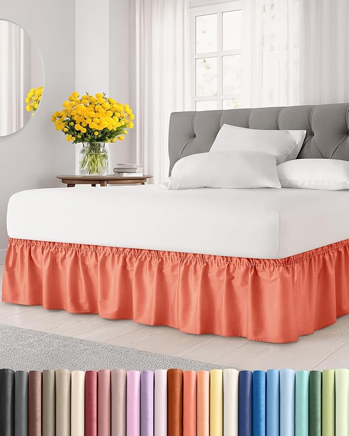 Wrap Around Dust Ruffle Bed Skirt - College Dorm Room - Twin/Twin XL | Coral, 18 Inch Drop, Elastic Strap & Adjustable Pleated Bedskirt, Wrinkle & Fade Free, for Women, Men, Students, Kids & Teens