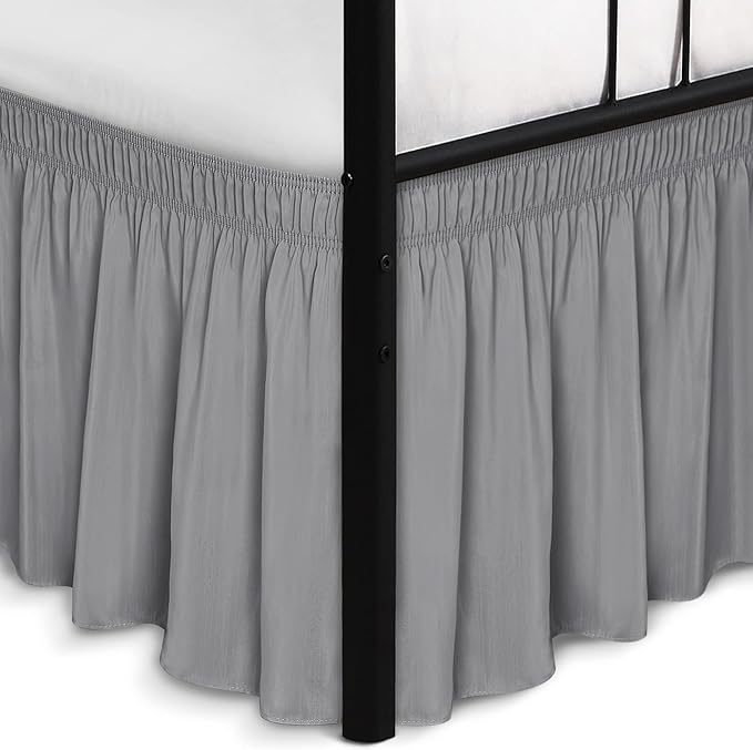 Wrap Around Full Size Bed Skirt Split Corners 17" Drop-Elastic Dust Ruffle | Silver Grey Adjustable Pleated Bedskirt-Easy Fit Wrinkle Resistant Washable Bed Skirting-Hotels Apartment Guest Bedroom