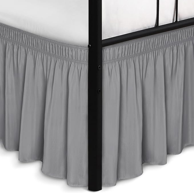 Wrap Around King Size Bed Skirt Split Corner 16" Drop-Elastic Dust Ruffle | Silver Grey Adjustable Pleated Bedskirt-Easy Fit Wrinkle Resistant Washable Bed Skirting-Master Guest Bedroom Couples Hotels