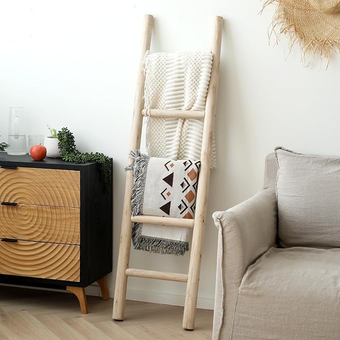 FUIN Blanket Ladder, 57in Rustic Solid Wood Decorative Ladder, Natural | Farmhouse living room accent, Layered blanket towel quilt display, Visible wood grain, Bathroom and Bedroom use