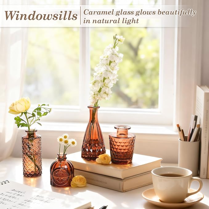 TBWIND 12-Piece Glass Bud Vase Set – Small Caramel Coffee Brown | Etched Glass Vases with Unique Shapes and Weighted Base for Windowsills, Bathrooms, and Table Centerpiece Décor
