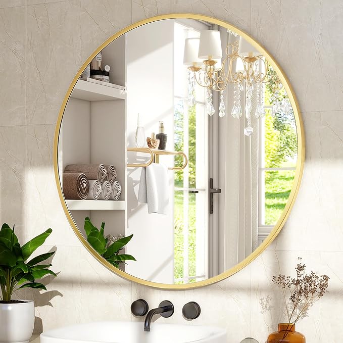 XRAMFY 30 Inch Round Mirror-Gold Circle Mirrors for Bathroom, Entryway | Modern Hanging Vanity Mirror for Livingroom, Wall Decor, Bedroom, Matte Gold Circle Decorative Wall Mirror