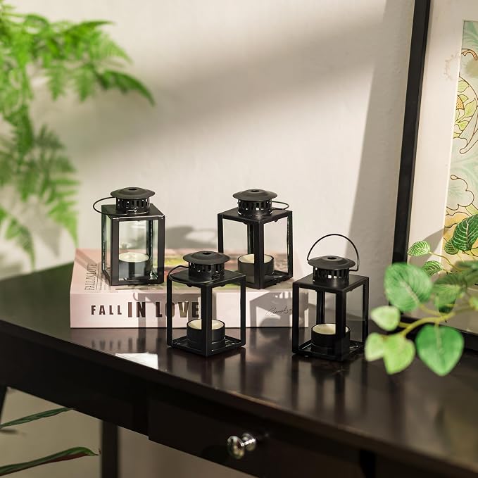 Small Black Lantern Decorative Outdoor, Set of 4 Candle Holder | Mini Hanging Lantern with Tealights & Glass, Farmhouse Indoor Decor, for Table Centerpiece, Fireplace, Wedding, Christmas