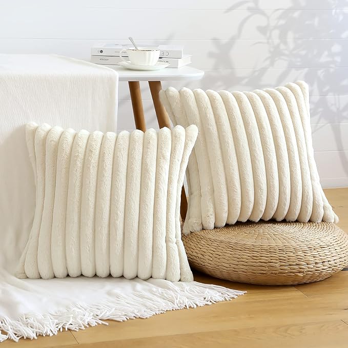 Soleebee Set of 2 Throw Pillow Covers Soft Cozy Velvet Pillowcase Faux Rabbit Fur Cover for Couch Sofa Bed Chair Home Decorative Pillows Cover (18x18 Inch, Ivory White)