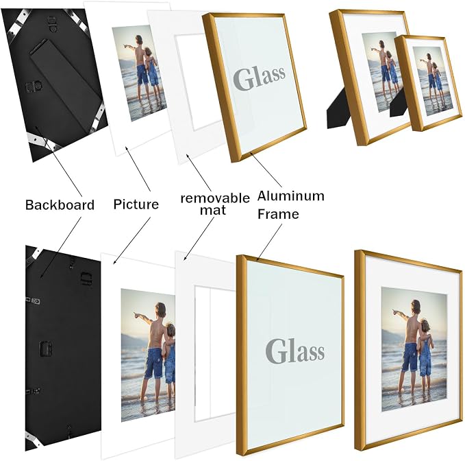 Golden State Art 7 Pack Bronze Aluminum Frame with White Mat, Real Glass | Includes One 11x14, Two 8x10, Four 5x7 Frames with Sawtooth Hangers for Wall Mounting. Great for gallery wall