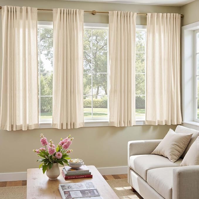 jinchan Lined Linen Curtains Privacy Back Tab 50x72 Inch 2 Panels Set Beige | Light Filtering Curtains with White Privacy Liner, Cottage Core Farmhouse Curtains for Living Room, Rod Pocket 72 Inch Length