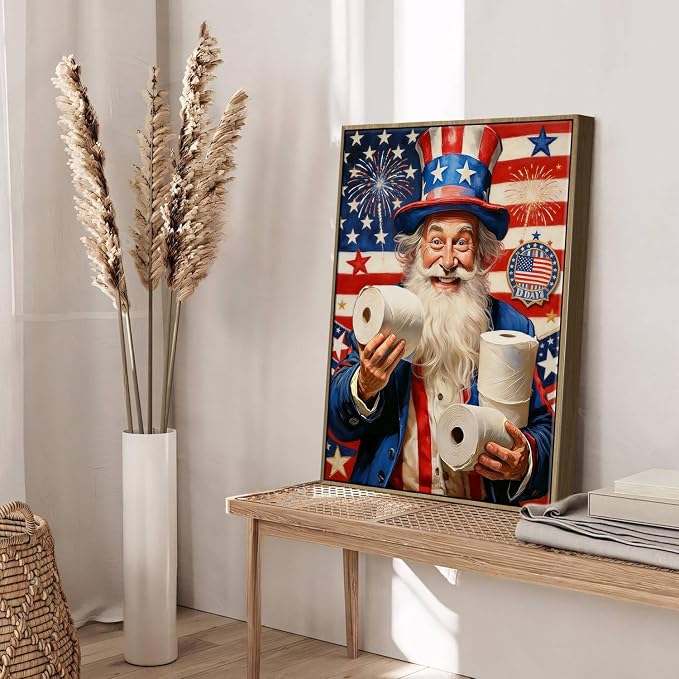 American Flag Framed Canvas Wall Art, 4th of July Patriotic Canvas Prints | Humorous Uncle Sam Toilet Paper Poster Print, Independence Day Wall Decor for Bedroom Bathroom Living Room 24×36in