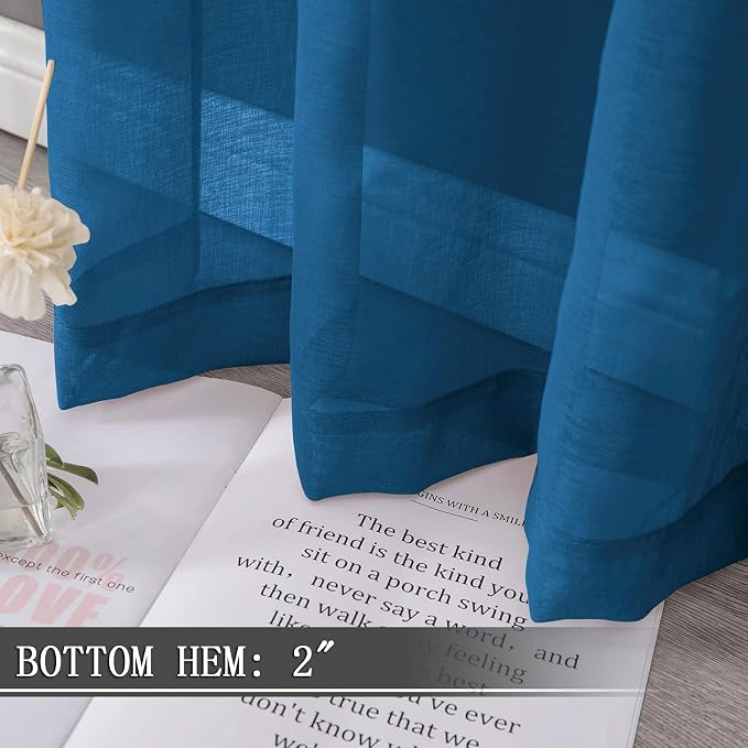Tollpiz Sheer Curtains Living Room Linen Textured Curtain Sheers Light Filtering Voile Rod Pocket Curtains for Bedroom, 38 x 63 inches Long, Classic Blue, Set of 2 Panels