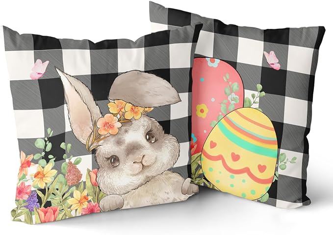Giwawa Easter Pillow Covers 16x16 Inch, Easter Bunny Eggs Throw Pillowcases with Black White Buffalo Plaids, Cute Rabbit Spring Flower Cotton Cushion Cover for Sofa Couch Bedding Decor, Set of 2