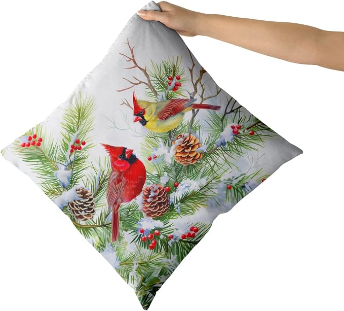 Giwawa Winter Birds Pillow Covers Set of 2 20x20 Inch Christmas Trees Holly Berry Pine Cones Xmas Snow Scene Square Cushion Cases Double Sided for Sofa Patio Porch Holiday Bed Decor