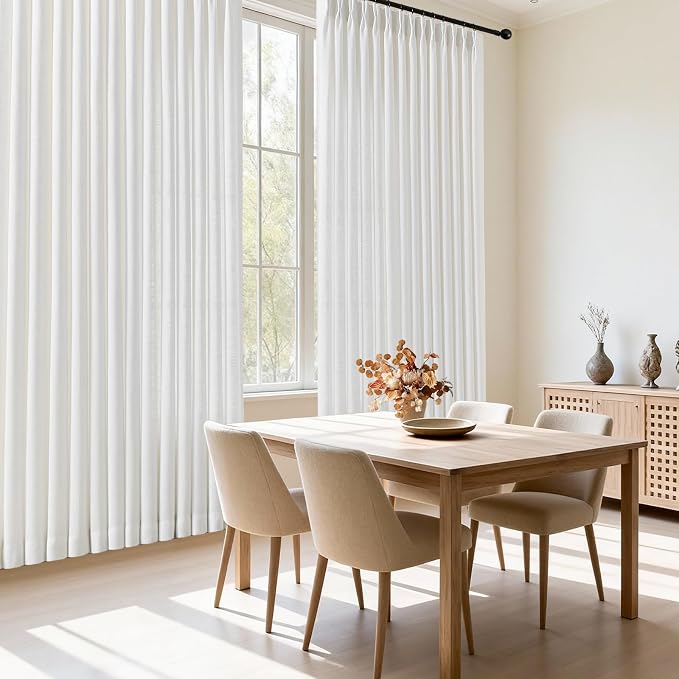 IVAPUPU 108 Inch Pinch Pleated Sheer Linen Blend Curtains for Living Room | Light Filtering, Bedroom, Pinch Pleat, Hooks Rings, Ceiling to Floor, Memory Shape, Farmhouse, Snow White, W40xL108, 2 Panel