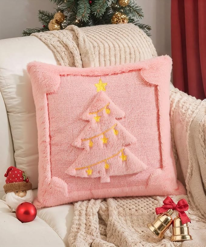 Christmas Pillow Covers Set of 2 Soft Plush Faux Fur Pillow Cases 3D Embroidered Decorative Couch Cover Home Decor Christmas Throw Pillow Covers 18x18,Pink Christmas Tree