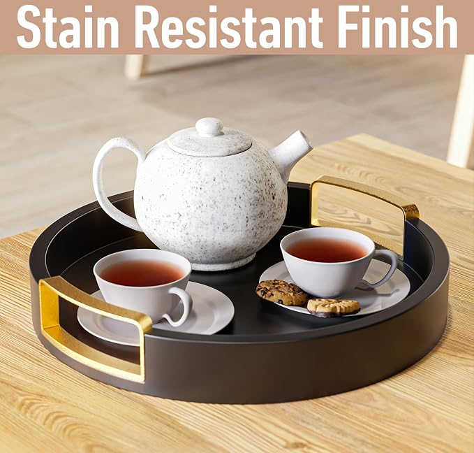 Round Decorative Tray, 12" Wooden Round Black Tray with Gold Metal Handles