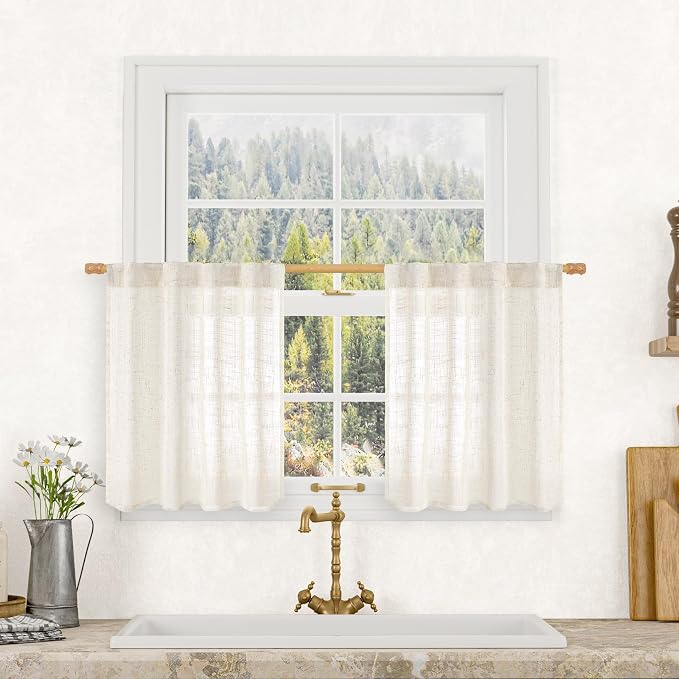 Kitchen Semi Sheer Linen Curtains 24 Inch Long for Small Window | Light Filtering Panels, Neutral Drapes for Cafe, Bathroom, Half Window, Rod Pocket Back Tab, Cream, 2 Panels, 34 x 24 Inch