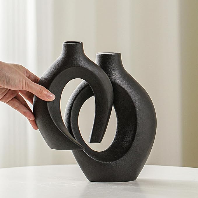 Lvases Snuggle Hollow Ceramic Vase Set of 2 for Nordic Boho Home Decor | Modern Decorative Vase for Pampas Flower, coffee Table Centerpiece Living Room Book Shelf ( Matte Black W 6.3" X H 8.4" )