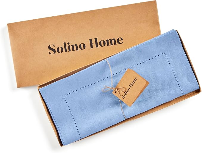 Solino Home 100% Pure Linen Dining Table Runner Cornflower Blue, 14 x 72 in | Classic Hemstitch, styles dining tables for meals and celebrations, hemstitched border, mitered corners, OEKO-TEX Certified