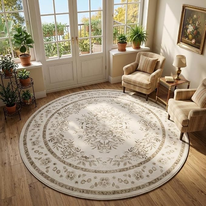 GarveeHome 4ft Round Rug for Nursery Vintage Floral Floor Carpets | Leaf Flower Bordered Throw Rugs for Living Room Machine Washable Non-Slip Brown Botanical Area Rug for Bedroom Dining Room