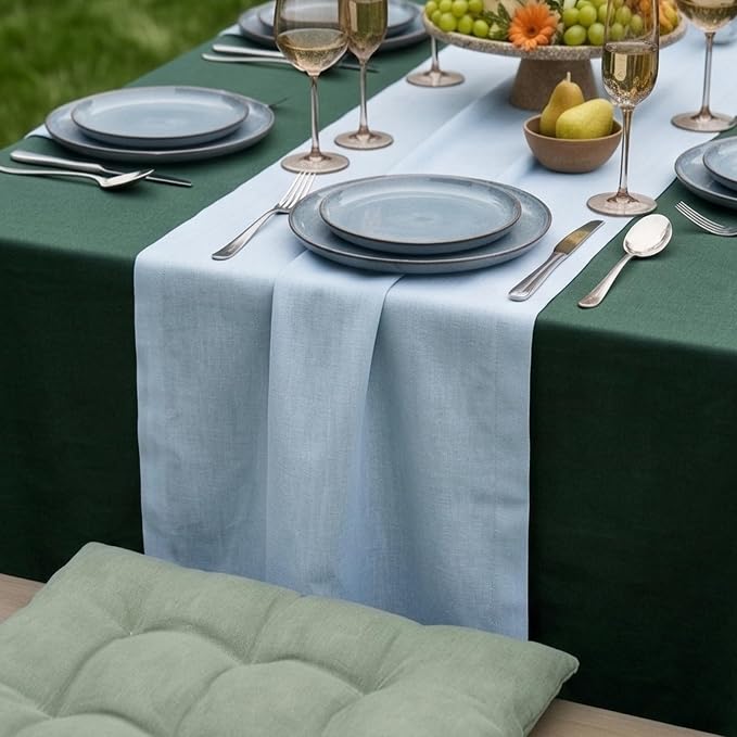 Solino Home 100% Pure Linen Table Runner Ice Water Woven, Fete 14 x 72 in | brings a tailored look to family meals and hosting, European flax fibres, effortlessly elegant, Ice Water, OEKO-TEX Certified