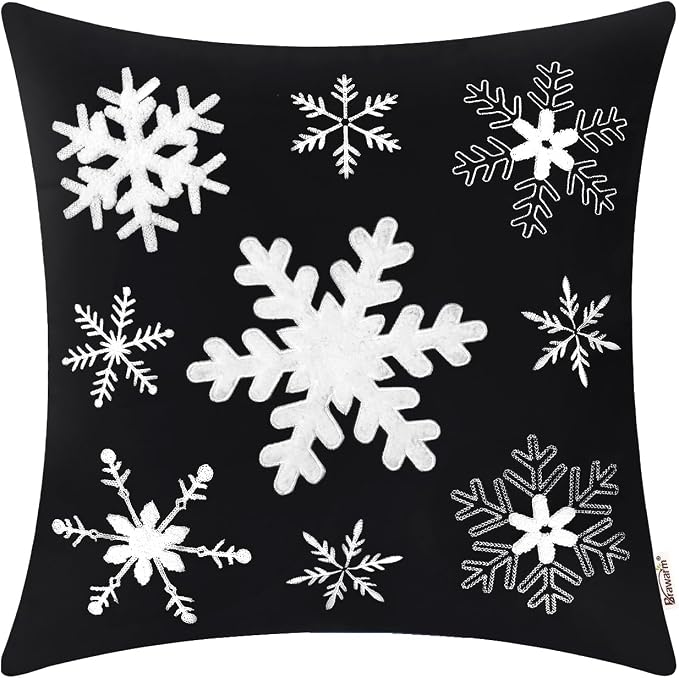 BRAWARM Christmas Pillow Cover 20 X 20 Inches, Black Snowflake Embroidered Pillow Cover, Soft Velvet Decorative Throw Pillow for Couch Bed Sofa Living Room Home