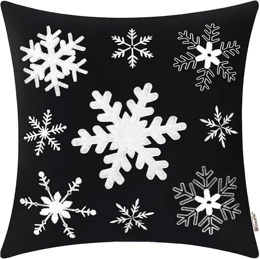 BRAWARM Christmas Pillow Cover 20 X 20 Inches, Black Snowflake Embroidered Pillow Cover, Soft Velvet Decorative Throw Pillow for Couch Bed Sofa Living Room Home