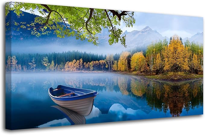 Arjun Lake Canvas Wall Art Landscape Blue Boat Painting Framed Large 48x24 | Wall Art for Living Room Picture Bedroom Nature Mountain Artwork Modern Nature Scenery Home Office Dining Room Wall Decor