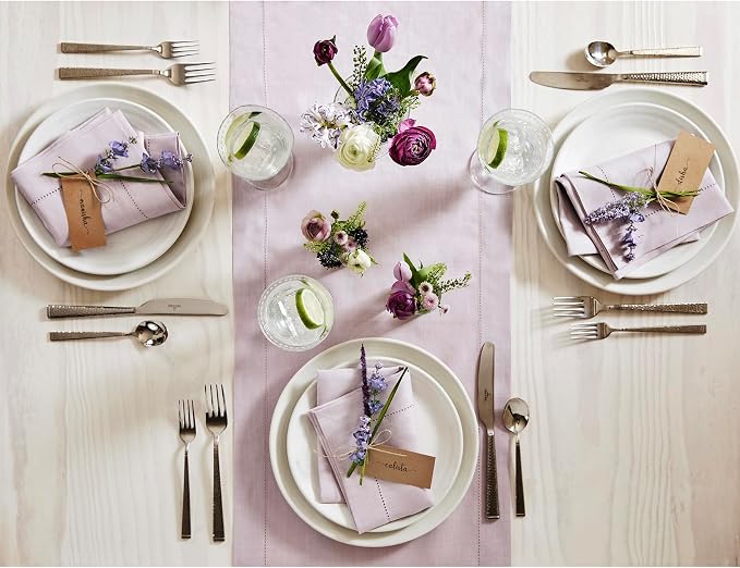 Solino Home 100% Linen Table Runner Lilac, Classic Hemstitch 14 x 156 in | dresses up dining tables for everyday meals, hemstitched border, mitered corners, machine washable, soft, OEKO-TEX Certified