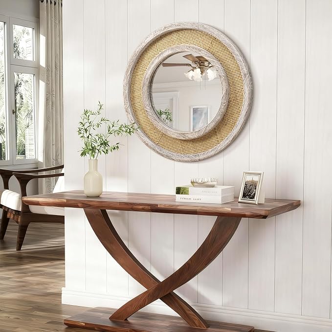 JJUUYOU Round Mirror Wood Frame Circle Hanging Mirrors for Wall Mounted 20 Inch Vintage Mirror for Living Room Bathroom Bedroom Entryway Old White